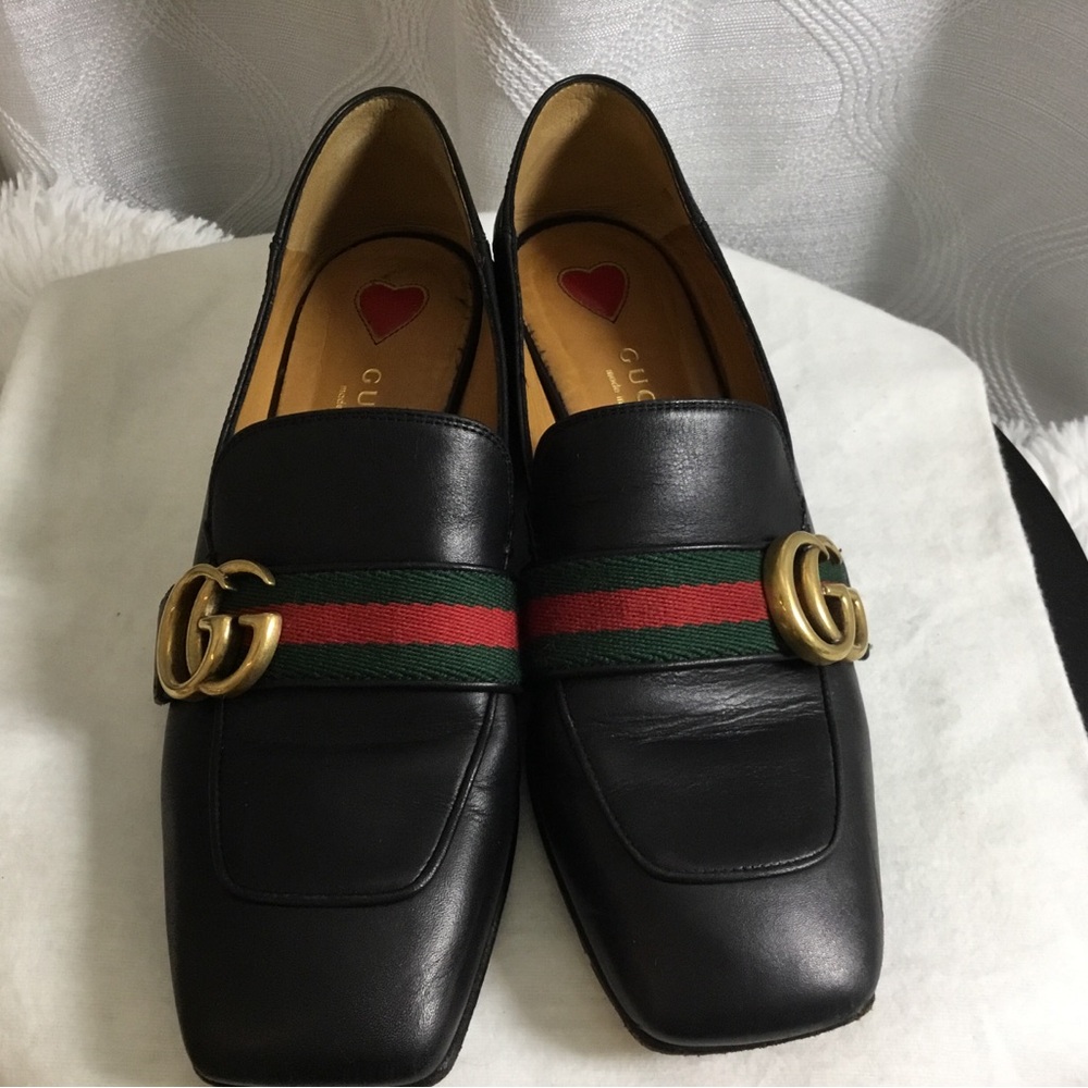 Authentic Gucci Black Leather Loafers with Red and Green Web & Gold Double G - Picture 9 of 12